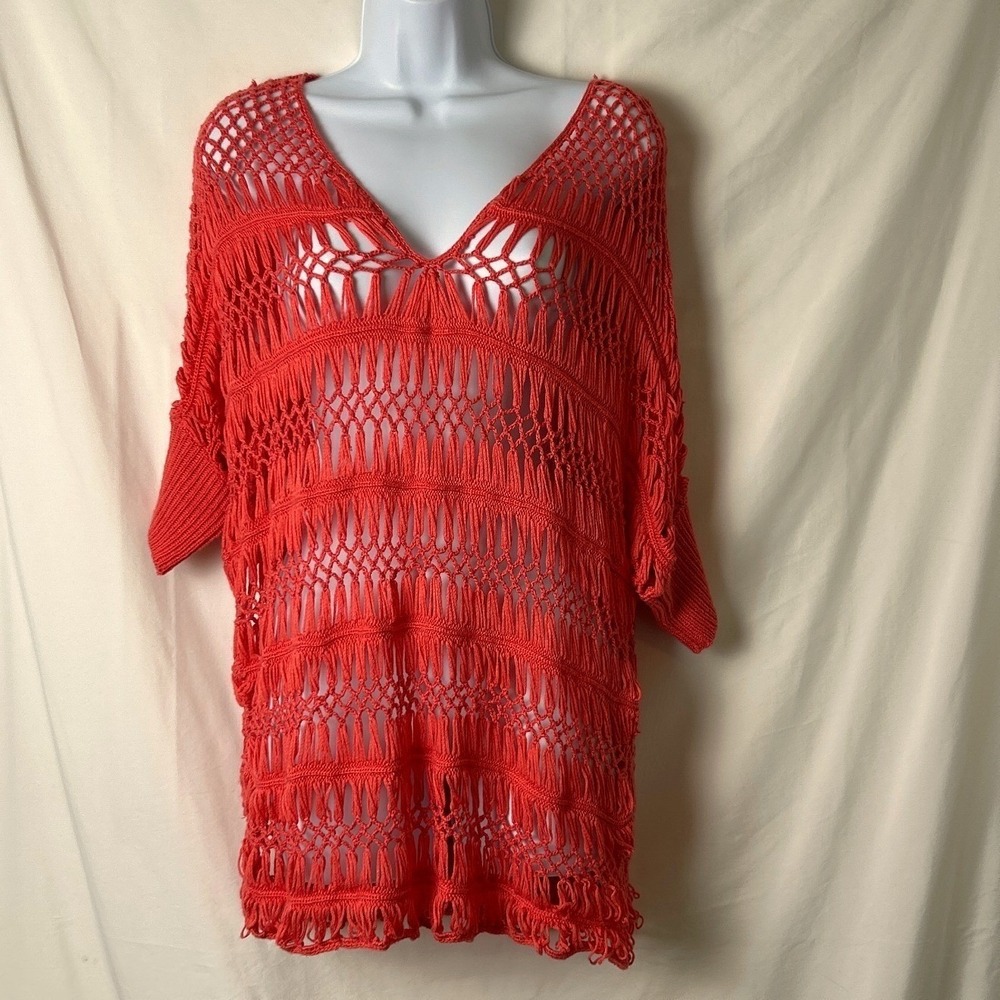 Romeo & Juliet Couture Womens Crochet Sweater Coral Red Size S Beach Coastal